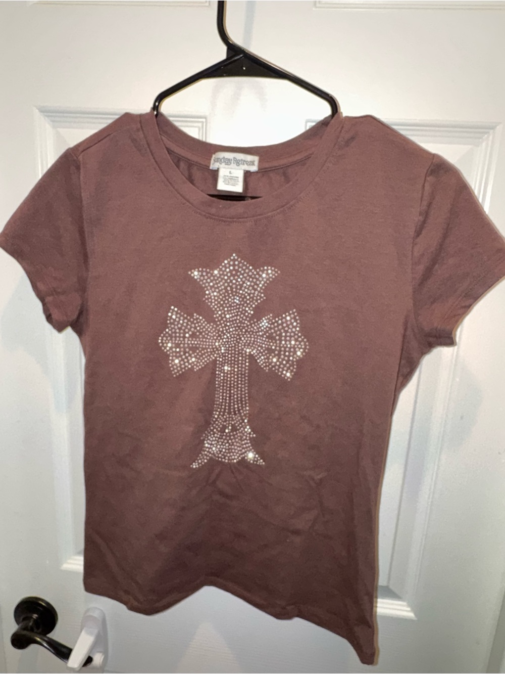 Sunday Retreat Brown Short Sleeve Tee with Rhinestone Cross Detail